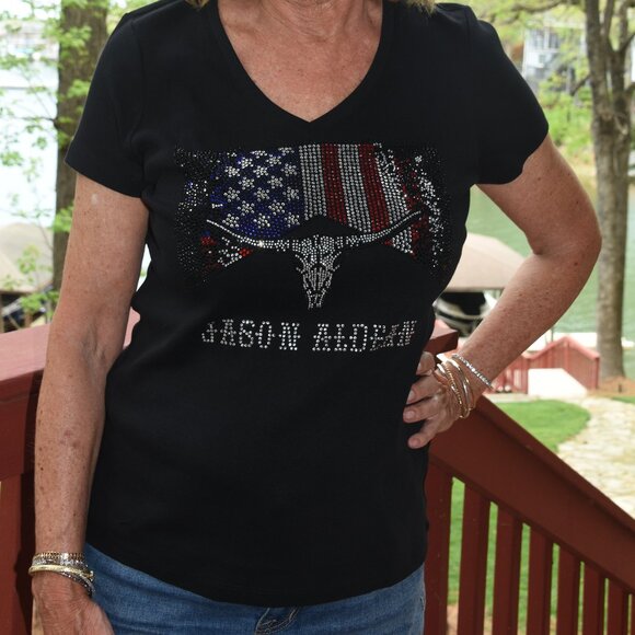 Jason Aldean Rhinestone  bling black short sleeved Vneck shirt  XS,S,M,L,XL,XX… - Picture 1 of 9